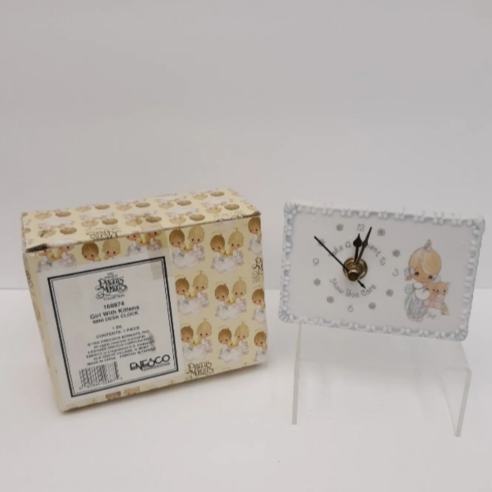 1995 Precious Moments Enesco  Mini Desk Clock NIB Girl w/Kitten Take a Moment